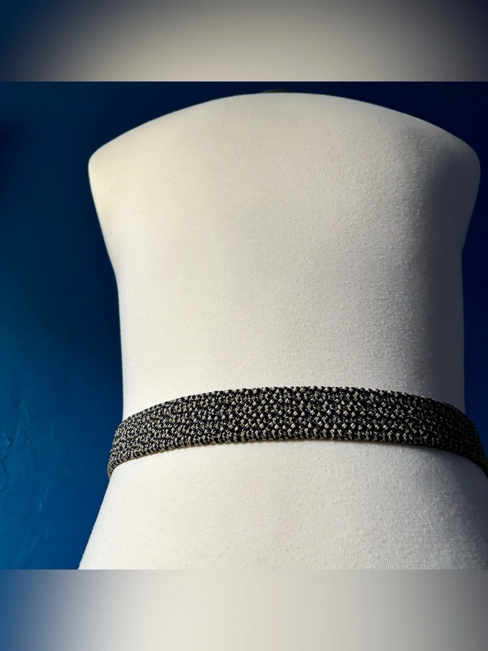 Greg Norman Blue Grey Stretch Belt 34 Black Leather Silver Buckle Logo Golf